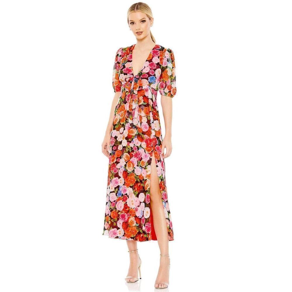 Ieena For Mac Duggal Floral Print Puff Sleeve Side Slit Maxi Dress Red Size 6 - Picture 5 of 12